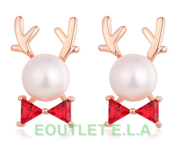 CUTE CHRISTMAS REINDEER CZ PEARL GOLD EARRINGS